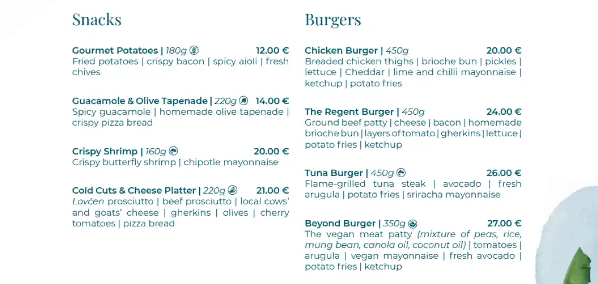 Regent Porto Montenegro Pool Bar Menu Snacks and Burgers